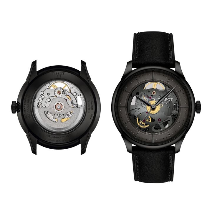 Soldier images of the back and front cases of the black variant of the new Tissot Chemin des Tourelles watch and its skeleton movement