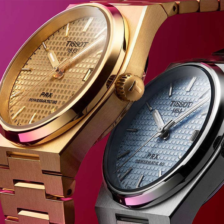 Gold and ice blue PRX 35 references, a pink background behind them