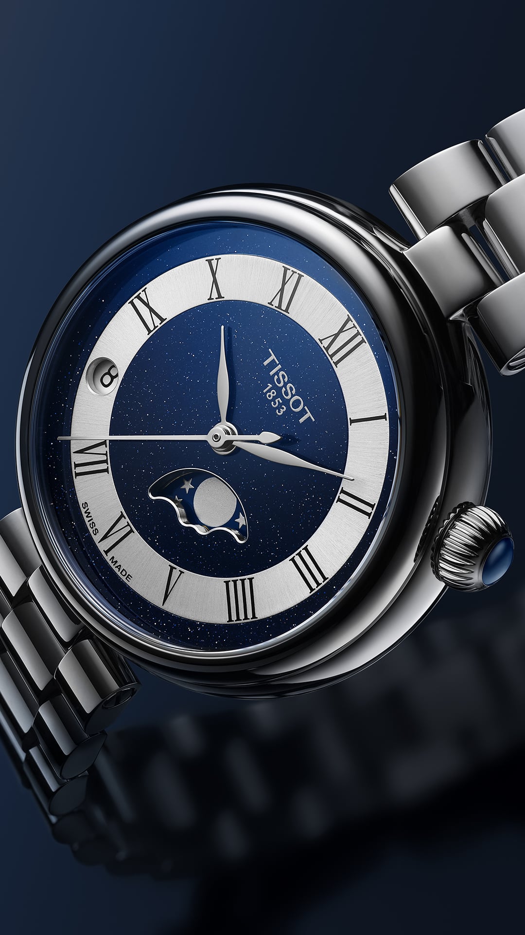 Woman wearing the Tissot Désir Moonphase at night