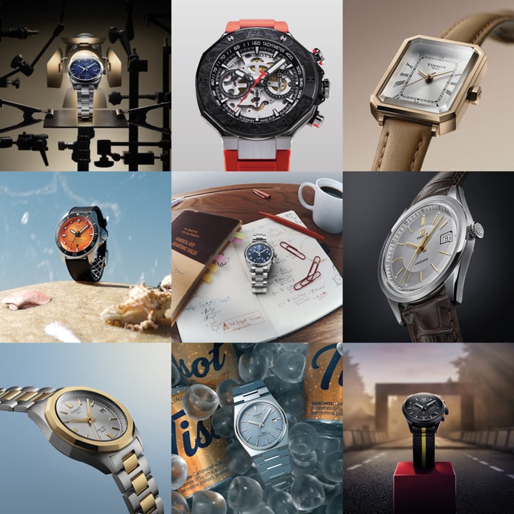 Tissot watches displayed in a nine-image collage, featuring sport, classic, dress and contemporary models in editorial product scenes.