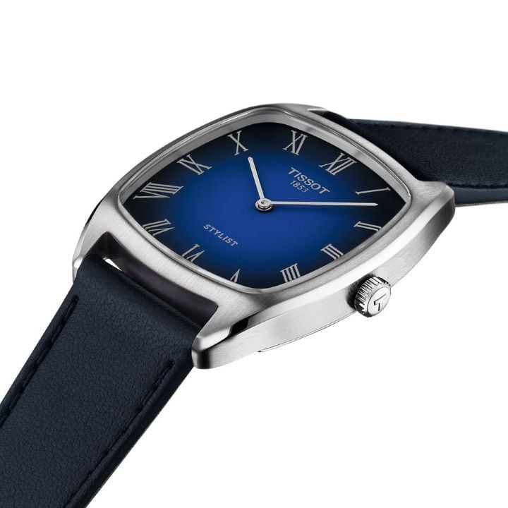 Close-up on the front-case of the new Tissot Stylist with gradient blue dial