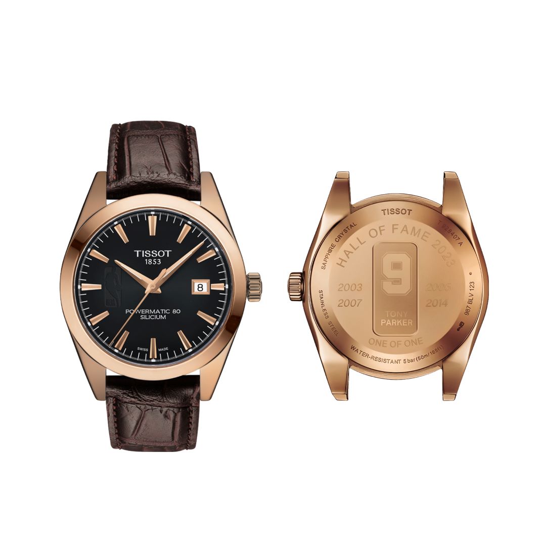 Tissot's custom Tony Parker Gentleman watch, featuring a rose gold case and black dial with the Powermatic 80 Silicium movement engraved with "Hall of Fame 2023".
