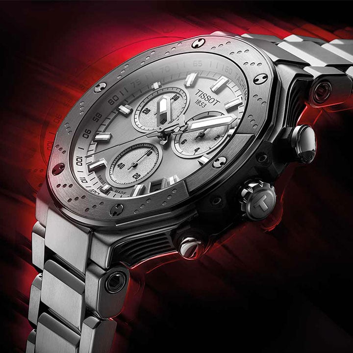 T-Race chronograph on a dark red background