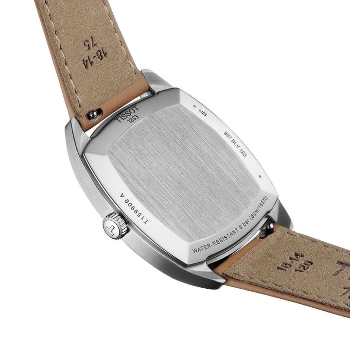 Close-up on the back-case of the new Tissot Stylist with silver-tone dial