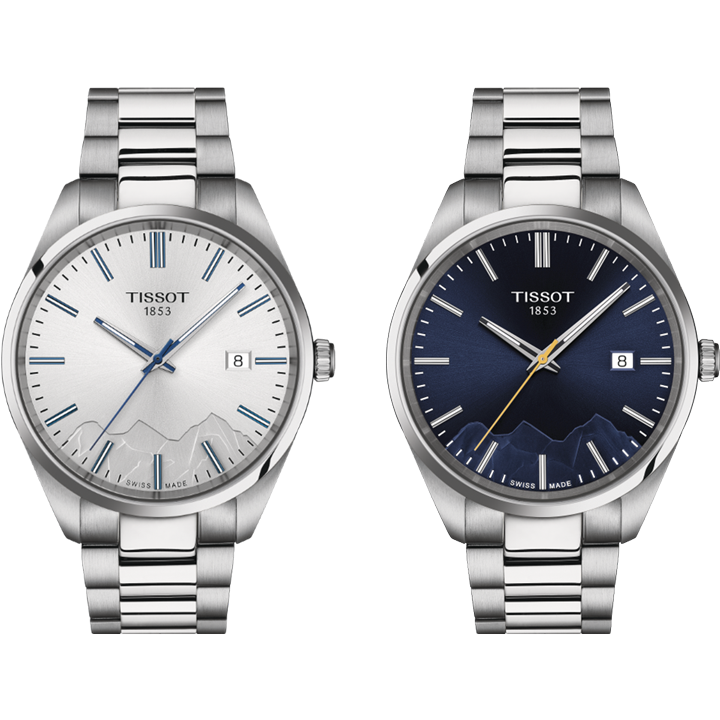 Tissot PR100 Jungfraubahn Edycja Specjalna z niebieskimi i białymi tarczami.