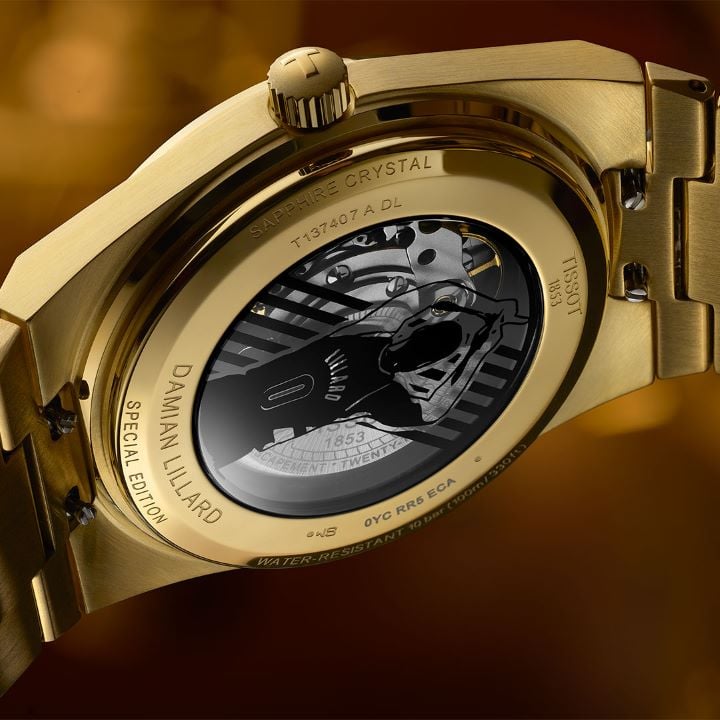 Close-up view of the backcase of the Tissot PRX Damian Lillard Special Edition