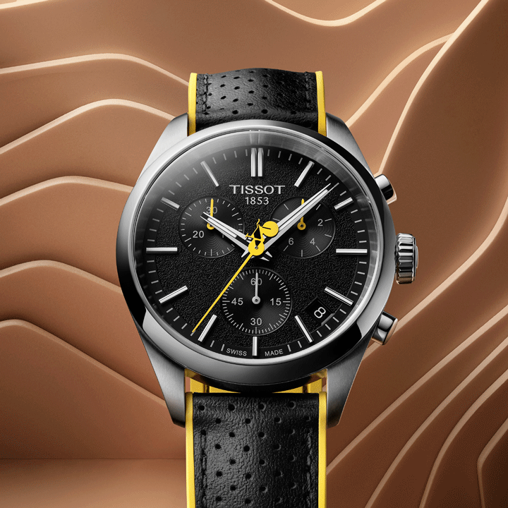 Tissot PR 100 Tour de France with a bike-shaped second hand and black leather strap