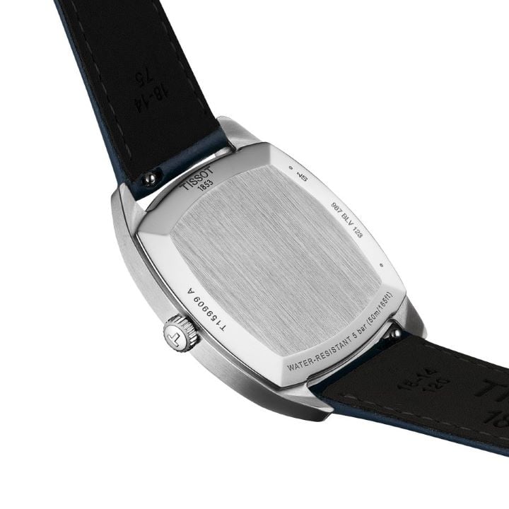 Close-up on the back-case of the new Tissot Stylist with gradient blue dial