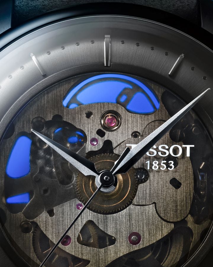 Focus on the dial of the New Tissot Chemin des Tourelles Skeleton and its movement