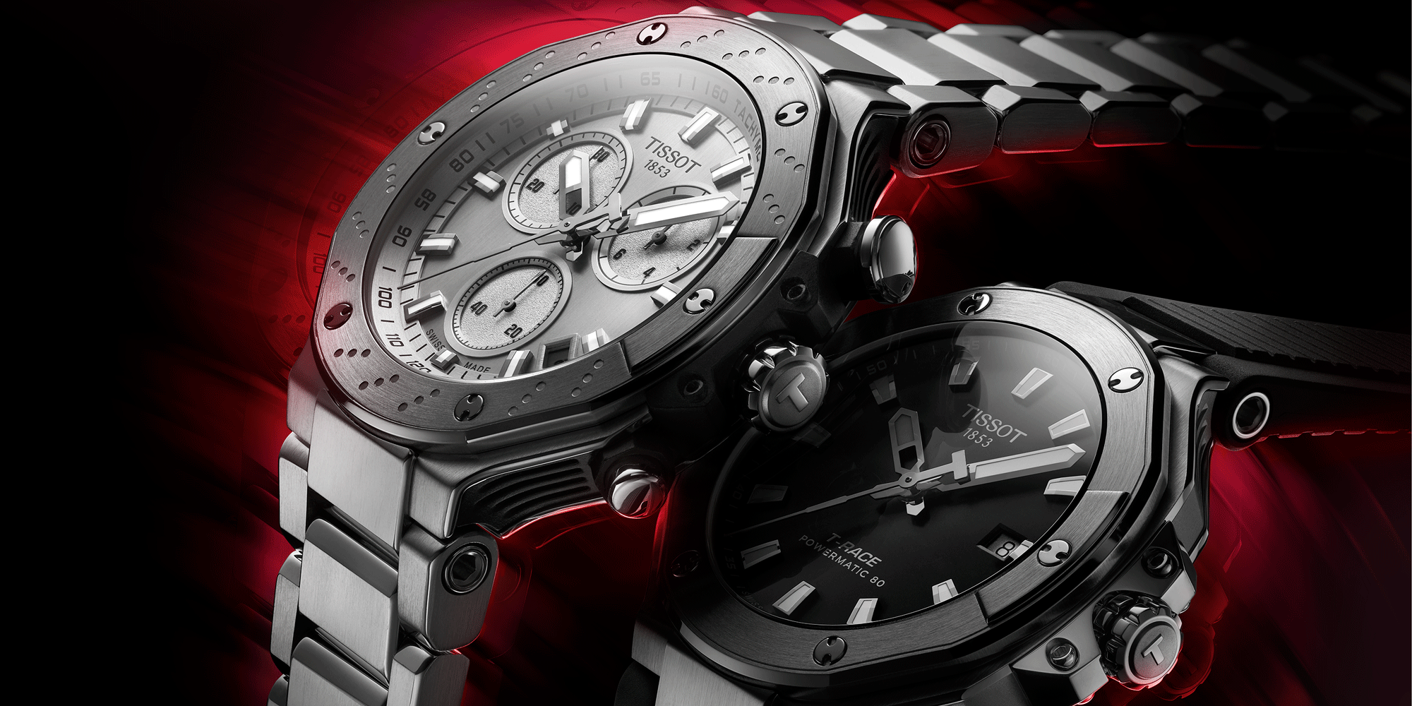 T-Race chronograph on a dark red background