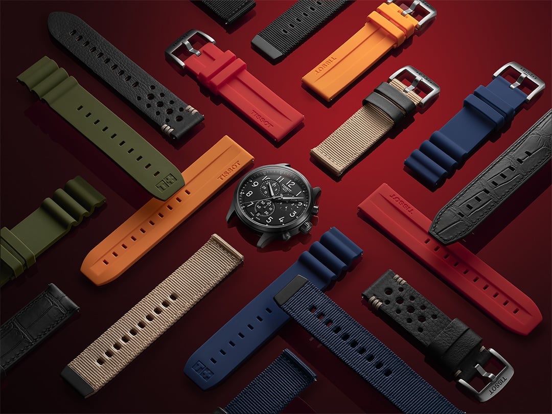 Chrono XL watch case surrounded by compatible Tissot strap options. 