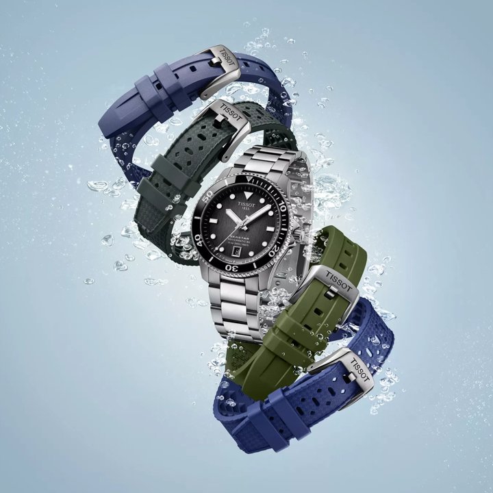 Skupienie na Tissot Seastar 1000 Powermatic 80 40mm i r&oacute;żnych kompatybilnych bransoletach.