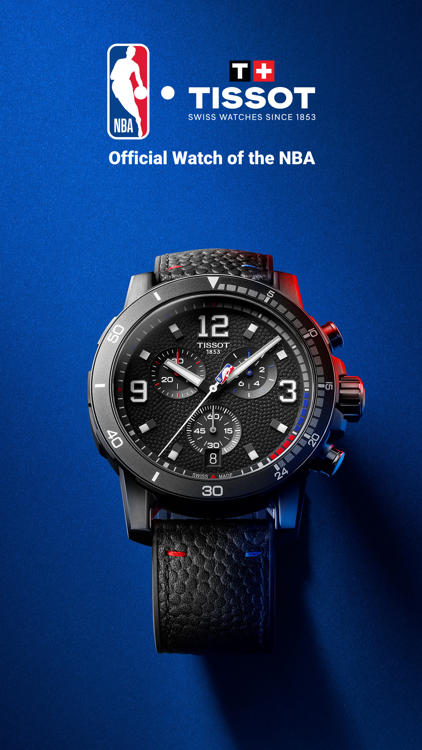 Tissot supersport NBA watch against a blue textured background 