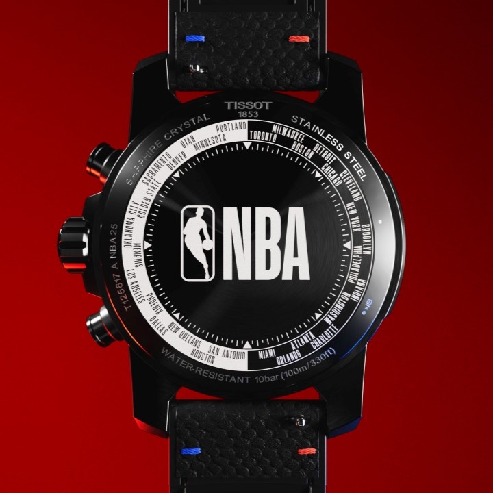 Tissot NBA Supersport and NBA logo against a red background